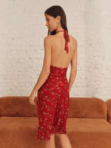 lacRébo Vintage Red Midi Dress With Diagonal Floral Print, Halter Neckline, And Open Back Elegant Style Chic - Red - View 2