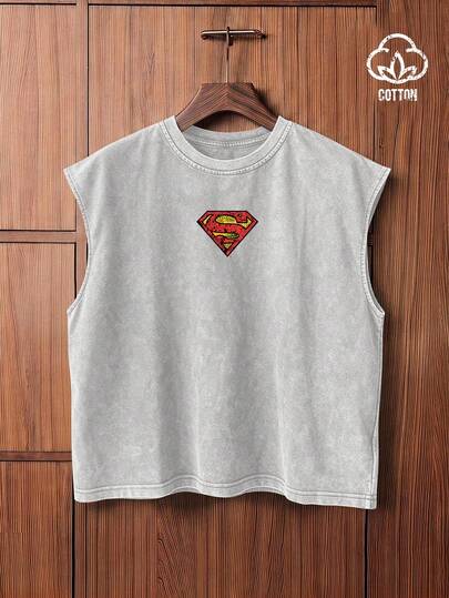 SUPERMAN X SHEIN TOKVUE Men's Letter Print Round Neck Casual Loose Tank Top, Summer, Holiday