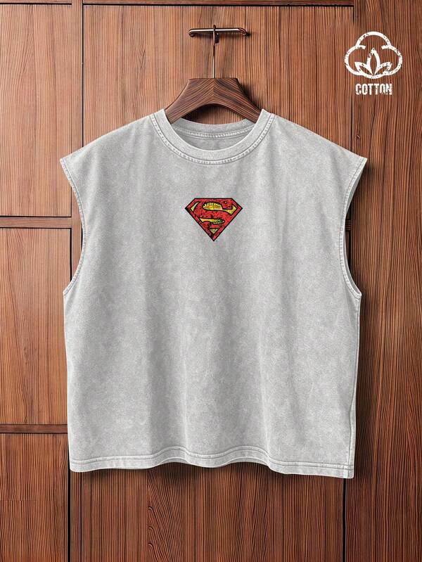SUPERMAN X SHEIN TOKVUE Men's Letter Print Round Neck Casual Loose Tank Top, Summer, Holiday