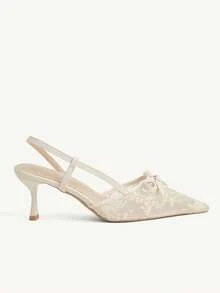 CUCCOO CHICEST Women Shoes Multicolor Lace Embroidered Pointed Low Heel Tripple Sandals, Bow Design, Commuter Dating Wedding Gentle Style Versatile Women's Shoes - Apricot A - View 8