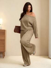 Edennvi Plus Size Women Grey Water Ripple Texture Cold Shoulder 2 Pieces Set, Short Long Sleeve Top + High Waist Drape Wide Leg Pants, Slouchy Slimming Casual - Mocha Brown - View 5