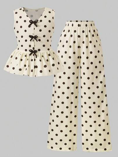 Tween Girls 2pcs/Set Bow Button Polka Dot Print Tank Top & Long Pants S Set, Summer, Cute, Casual, Outfit, Holiday Outfits