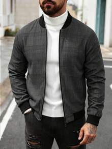 Manfinity Homme 男士千鳥格深色成熟休閒通勤居家舒適拉鍊夾克外套 - 棕色 - 查看 1