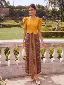 Zaforene Vintage Palace Style Puff Sleeve Short Jacket + Print Slit Long Skirt 2-Piece Set French Luxury Elegant Outfit Dinner Party Golden Yellow Brown Summer - Multicolor - View 2