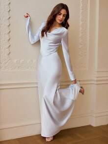 ZEYLAH Women's Solid Color Cowl Neck Long Sleeve Fitted Elegant Dress - Sky Blue - View 6