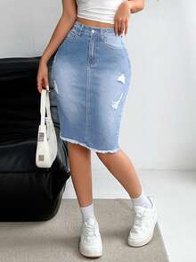 EMERY ROSE Rok Denim Pas Badan Kasual dengan Ujung Robek, Musim Panas - Light Wash - View 4