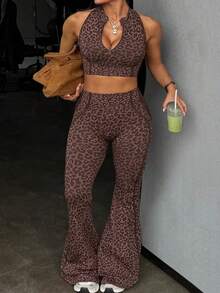 Rhythm Era Women's Seamless Plus Size Leopard Print Sports Set Tank Top Flare Pants Gym Sports Chocolate Brown Summer - Multicolor - View 3