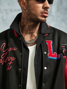 INCRYTM Men's Casual Fashion Street Collegiate Style Patch Decor Baseball Jacket, Autumn/Winter Custom Varsity Letterman Football - Red - View 3