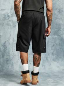 INCRYTM Men's Solid Color Drawstring Waist Loose Casual Cargo Shorts - Black - View 2