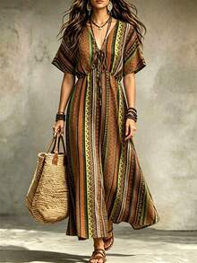 LanaWest Women's Striped Print V-Neck Bow Batwing Sleeve Cinched Waist A-Line Summer Western Country Casual Dress - Brown - View 1