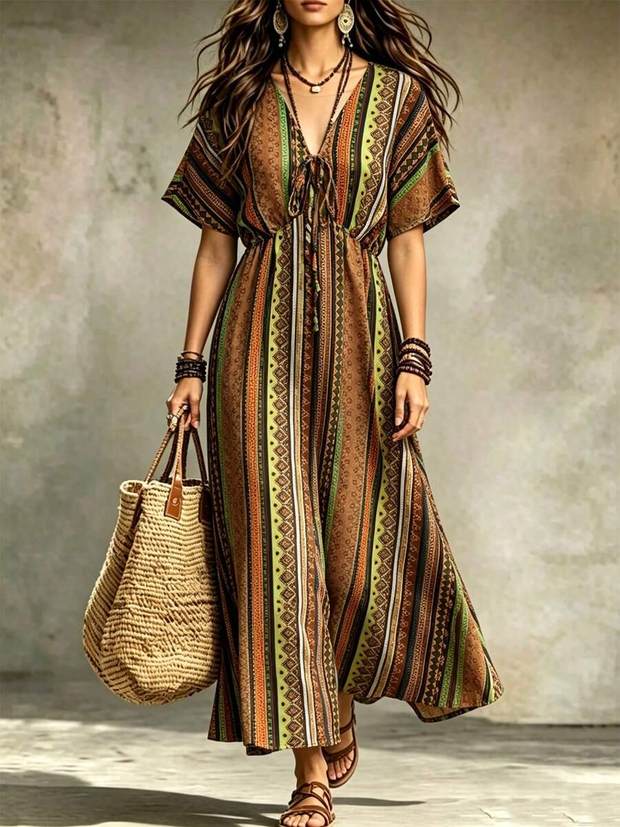 LanaWest Women's Striped Print V-Neck Bow Batwing Sleeve Cinched Waist A-Line Summer Western Country Casual Dress - Brown - View 1
