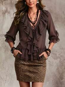 SHEIN Solid Ruffle Trim V-Neck Tie Front Sheer Chiffon Blouse With Flare Sleeves - Brown - View 3