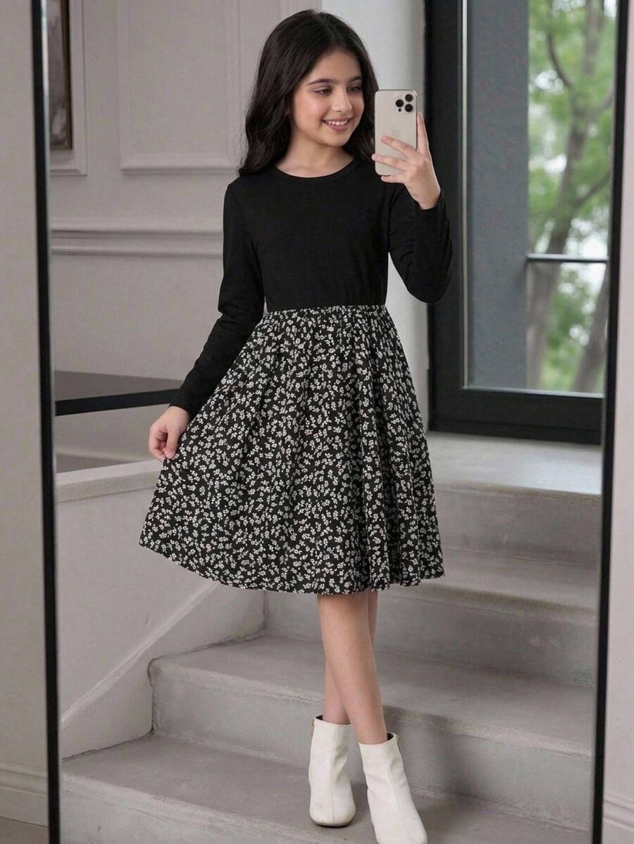 SHEIN 秋冬假日款青少年女童休闲花卉拼布针织圆领长袖连衣裙