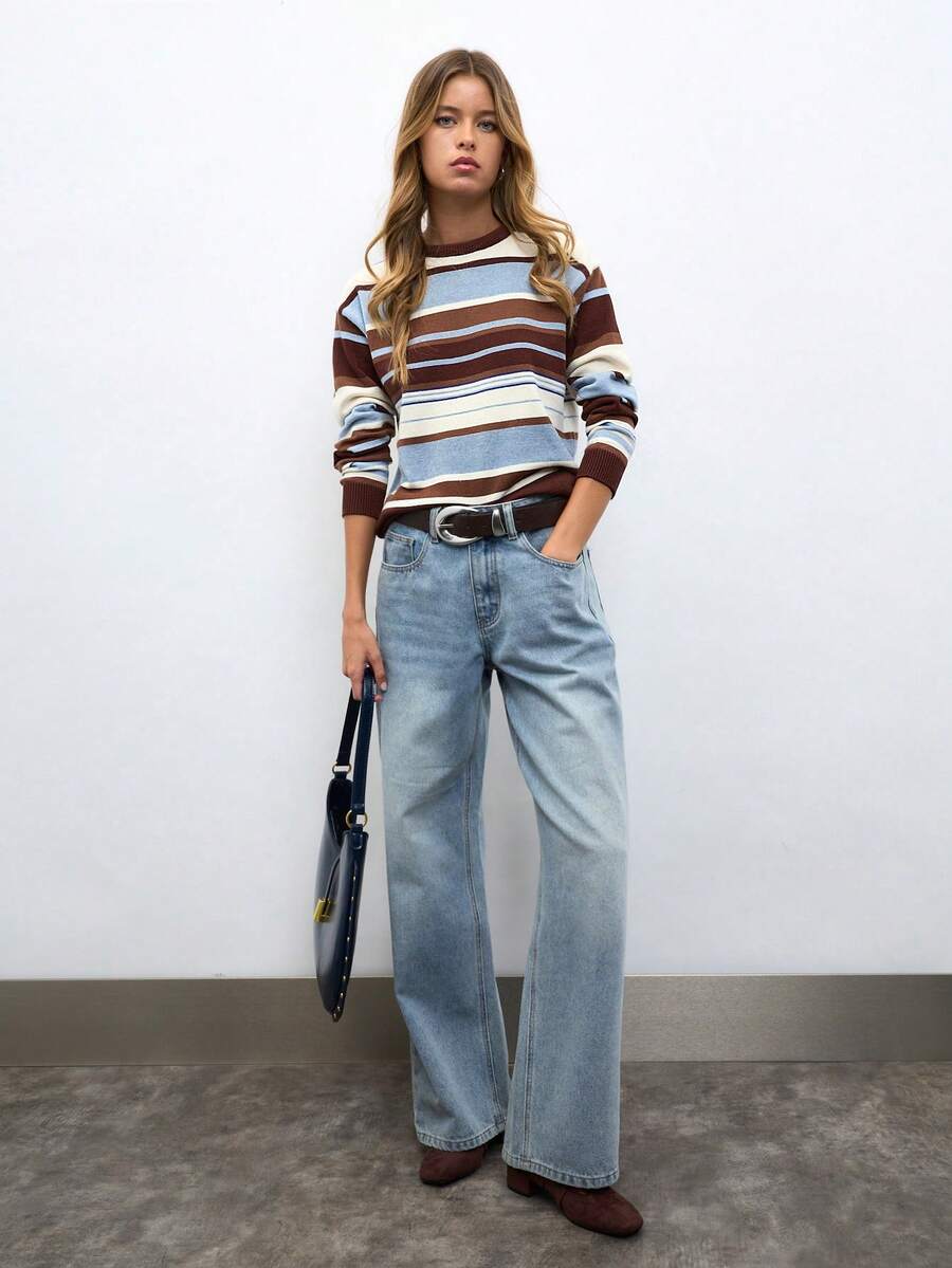 Nöista Stripe Knit Sweater In Brown, Blue & Cream With Crew Neck. Casual, Layering, College, Campus, Everyday, Fall Winter, Back To School, Soft Knit. - Coffee Brown - View 1