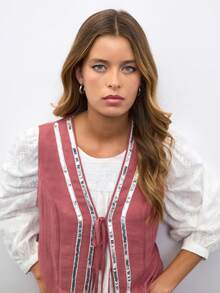 Nöista Blusa sin mangas en rosa empolvado con escote en V profundo y cierres con lazo, detalles decorativos de lentejuelas plateadas. Primavera Verano Vacaciones. Lujo para salir, boda, fiesta, festival, vacaciones, verano - Rosa coral - Ver 2