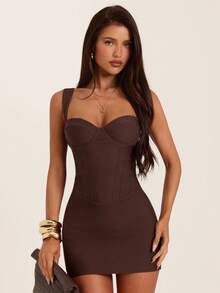 SHEIN BAE Women's Solid Color Casual Daily Summer Mini Dress - Brown - View 1