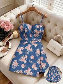 SHEIN MOD Women's Floral Print Camisole Denim Romper - Medium Wash - View 2