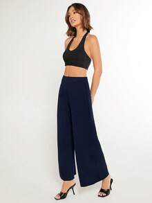 SHEIN BASICS 女款純色時尚百搭寬鬆寬腿褲 夏季女裝套裝 - 藏蓝色 - 查看 4