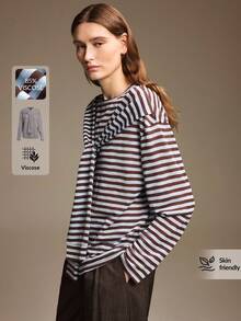 Ontre Women's Blue & Brown Striped Comfortable Fabric Loose Fit Drop Shoulder Long Sleeve Front 2 In 1 Tie Decor Design Modern Urban Fashion Business Casual Office Wear Low-Key Old Money Style Elegant Commute Airport Autumn Essential Premium Comfortable Old Money Women's T-Shirt - Multicolor - View 3