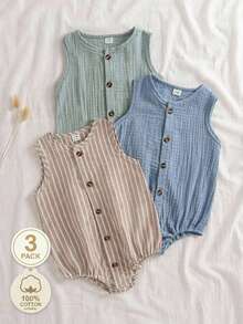 SHEIN Vintaside Kids 男嬰夏季經典條紋三色前開襟連身衣 3 件組 - 彩色 - 查看 1