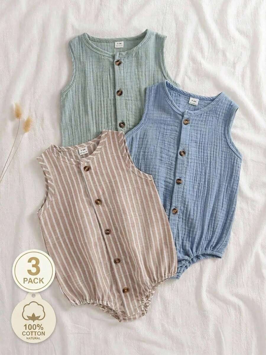 SHEIN Vintaside Kids 男嬰夏季經典條紋三色前開襟連身衣 3 件組 - 彩色 - 查看 1