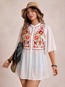 Freevana Women's Plus Size Pattern Print Short Sleeve Casual Shirt - White - View 3