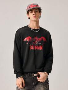 Strevion BATMAN 男士休闲红色蝙蝠侠标志印花圆领长袖T恤，适合春秋季日常穿着 - 黑色 - 查看 1