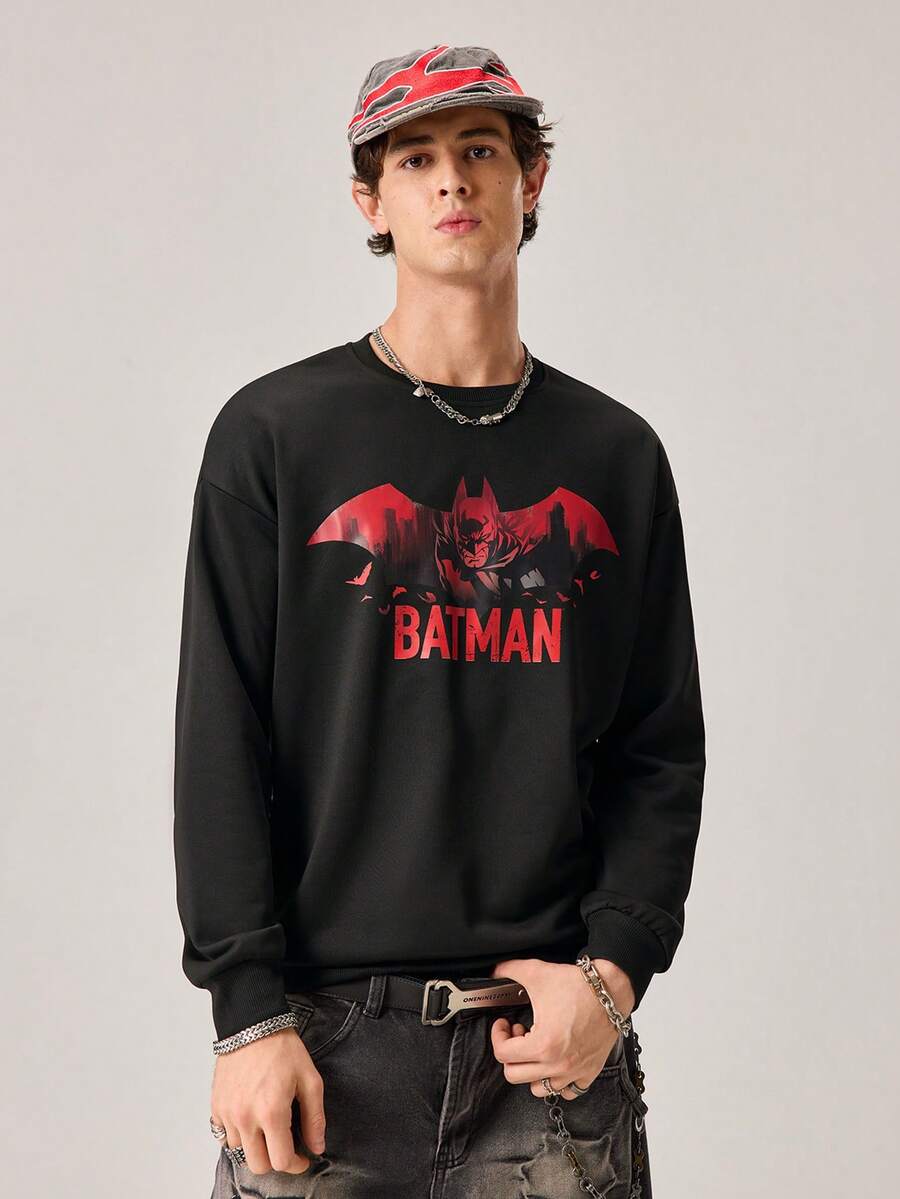 Strevion BATMAN 男士休闲红色蝙蝠侠标志印花圆领长袖T恤,适合春秋季日常穿着 - 黑色 - 查看 1
