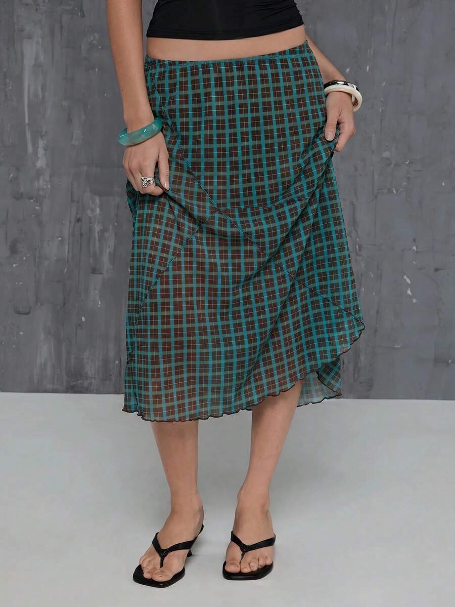 COUREZ Low Rise Mesh Check Midi Skirt/ Y2K Summer Outfits For Women Outfits Skirts Long Skirts Going Out Outfits For Women Rave Club Fall Clothes Flowy Skirt - Coffee Brown - View 1