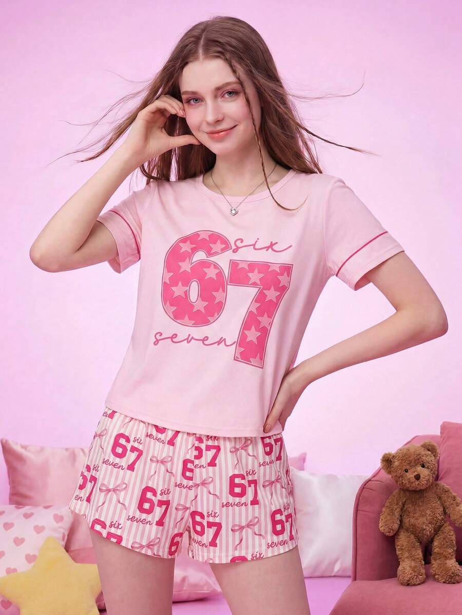 Notgurli 女款數位印花可愛風睡衣家居服套裝 - 彩色 - 查看 1