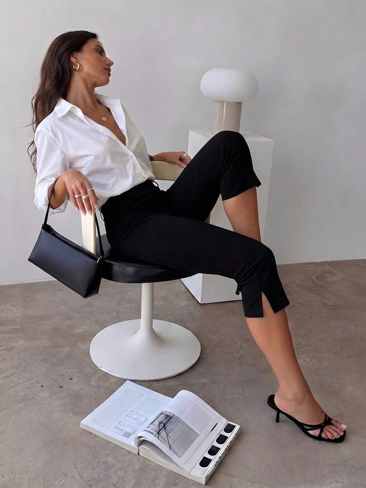 Firerie Women's Elegant Solid Color High Waist Leggings, Knitted Cinched Skinny Pants, Versatile Black Casual Fitted Split Hem Capri - Black - View 5