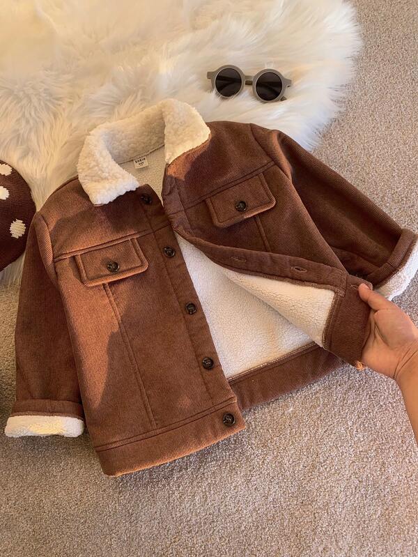 SHEIN Kids Young Boy Thermal Lined Thick Corduroy Turn-Down Collar Jacket, Thermal Jacket, Winter Jacket, Jacket, Wool, Thick, Toddler Winter Clothing