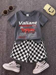 SHEIN 2pcs/Set Baby Boy Summer Cute Casual Knitted Printed Short Sleeve T-Shirt And Elastic Waist Checkered Pattern Shorts Set, Racing Set, Checkered Set, Infant Set, Summer Set, Cute Set - Multicolor - View 4