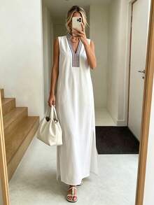 Isle Nomé Women Sleeveless Maxi Caftan Dress, V‑Neck Decorative Printed Trim Loose Side Split Long Dress - Apricot - View 4