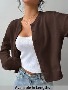 SHEIN Tall CURVE 大尺碼女款休閒純色圓領長袖寬鬆短版開襟針織外套 - 棕色 - 查看 1