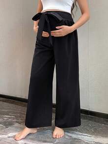 SHEIN Maternity Casual Versatile Solid Color Tie Waist Pants - Black - View 3