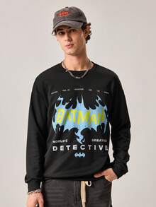 Strevion Men's Casual Batman Blue Flame Print Graphic Crew Neck Long Sleeve Sweatshirt, Spring/Autumn - Black - View 3