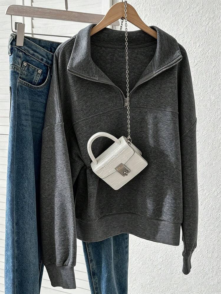 Lalippa Women's Loose Fit Zip-Up Collar Sweatshirt - Dark Grey - View 4