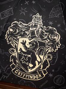 HARRY POTTER X SHEIN 復古校徽黑色膠面可折疊傘，雙用遮陽防雨陽傘，適合學生通勤，魔幻深色圖案便攜式8骨三折傘，旅行防UV男女情侶日常戶外使用 - 黑黃灰色 - 查看 4
