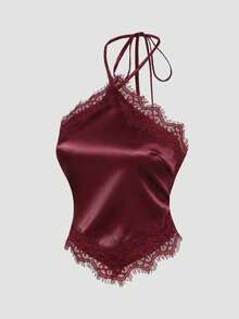 Sweetra Halter Neck Slim Fit Lace Patchwork Tie Design Sweet Minimalist Sexy Women's Summer Short Tank Top - Burgundy - View 5