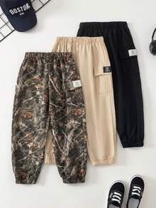 SHEIN 秋季三色彈性腰工裝長褲，羅紋褲腳、工裝口袋，休閒百搭，3件組，男女童中性款 - 彩色 - 查看 8