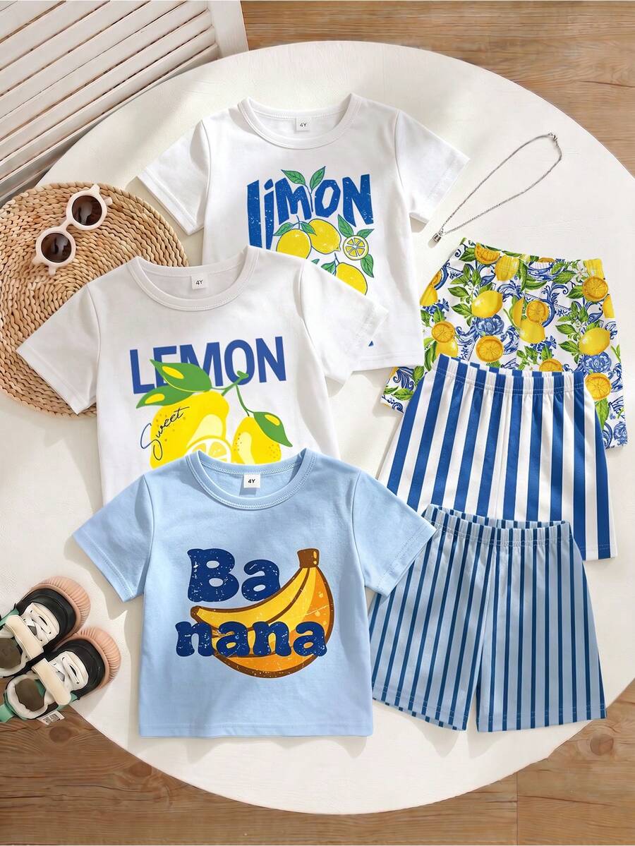 3套休閒簡約水果與字母印花圓領短袖上衣搭配印花短褲套裝,適合戶外活動 - 彩色 - 查看 1