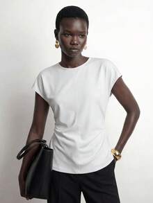 Duskaine Women's Casual Solid Color Batwing Sleeve Round Neck T-Shirt, Summer - White - View 6