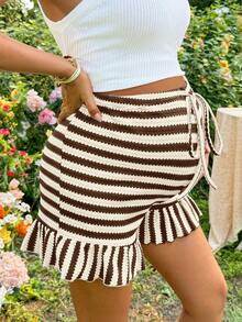 SHEIN Maternity Adjustable Waist Striped Colorblock Casual Daily Shorts - Coffee Brown - View 5