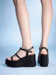 Sugerpunk Women Shose Women's Fashion Platform Wedge Sandals, Spring And Autumn Summer Punk Style Buckle Middle Help Cross Rivet Inlaid Design Open-Toed Sandals, Nightclub Commuting Easy Travel - Black - View 6