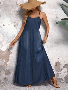 EMERY ROSE Vestido informal de mezclilla con tirantes y mangas sin mangas en unicolor para el verano - Azul lavado oscuro - Ver 7
