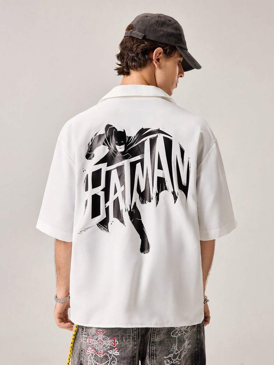 Strevion BATMAN 男士簡約休閒蝙蝠俠字母印花短袖襯衫 - 白色 - 查看 1