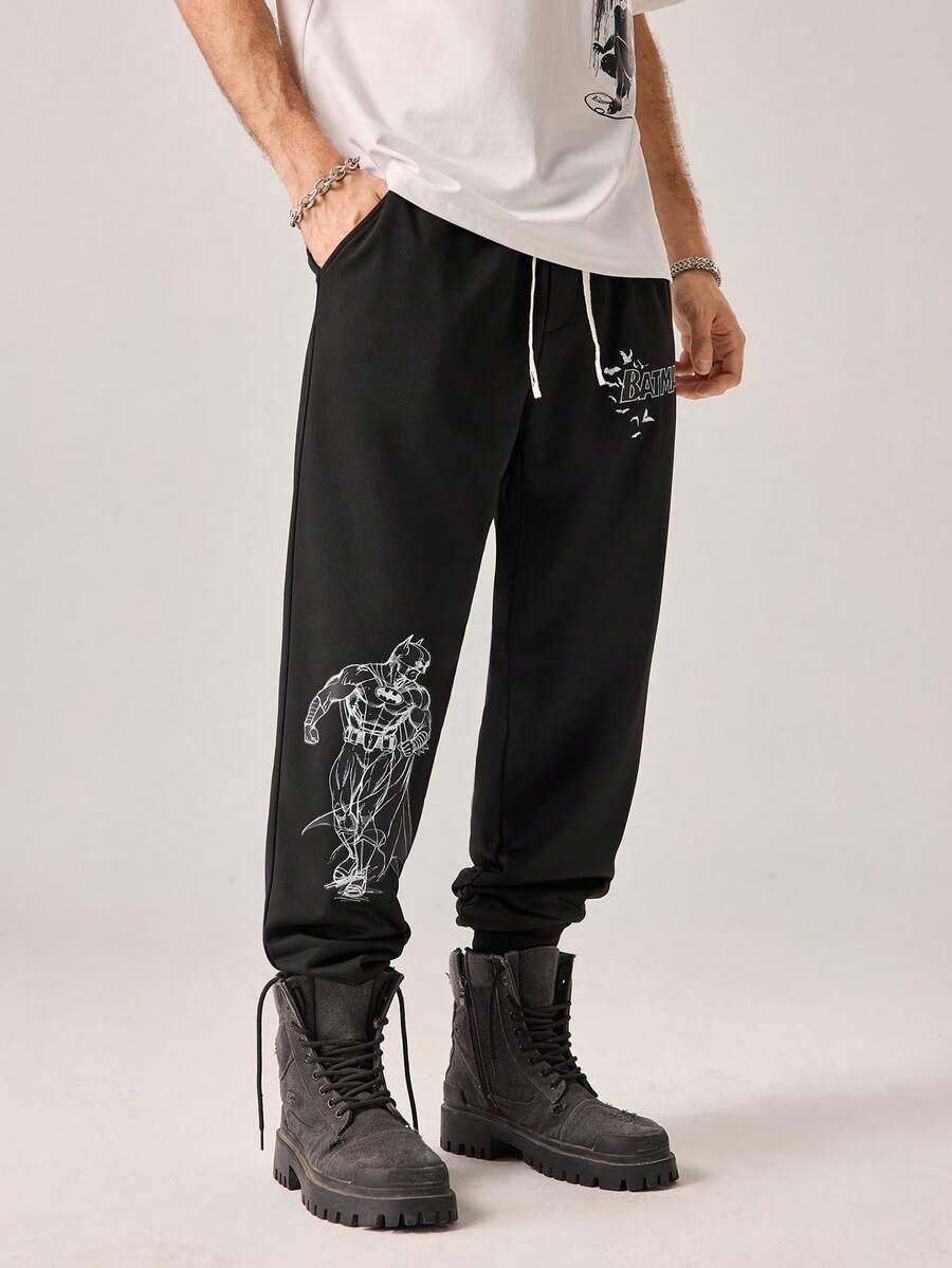 Strevion Men's Casual Commuting & Running Batman Graphic Letter Print Drawstring Waist Pocket Loose Sweatpants - Black - View 1