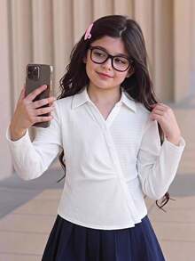 Girlism 青少年女孩休閒百搭優雅學院風白色修身抓皺襯衫，返校穿搭白襯衫 - 白色 - 查看 7