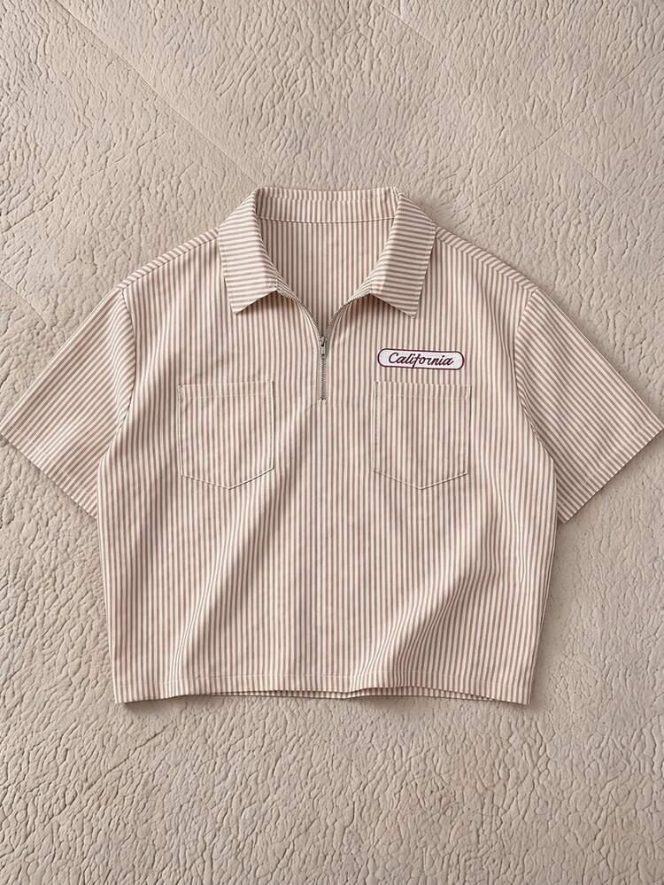 FRESIVO Kemeja Polo Kasual Lengan Pendek Motif Huruf Garis-Garis untuk Pria dengan Saku - MultiWarna - View 6